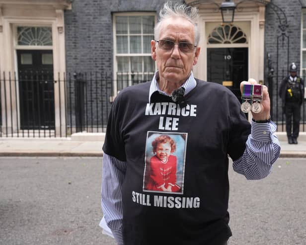 Former warrant officer, veteran Ritchie Lee from Hartlepool, with his medals outside Downing Street. Photo credit: Lucy North/PA Wire