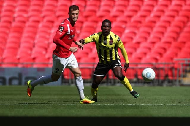 Zaine Francis-Angol of AFC Fylde during the Vanarama National League Play Off Final between AFC Fylde and Salford City at Wembley Stadium on May 11, 2019 in London, England. (Photo by Marc Atkins/Getty Images)