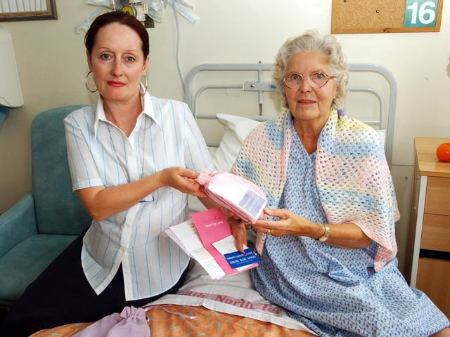 On the University Hospital of Hartlepool's Women's Ward when patient Edith Anderson received one of the first pamper bags from Maggie Huntley from Breast Cancer Care in 2003.
