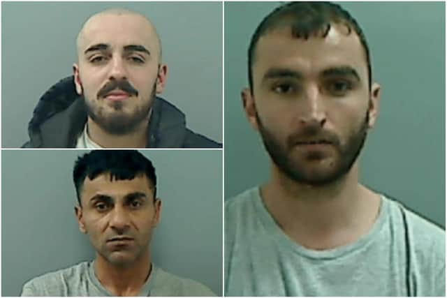 Jailed for 53 years: Top left, Qazim Marku, Noza Saffari, below, and Dorian Pirija, right.