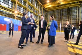 From left, Lisa Molloy, from Strabag, with government HS2 minister Andrew Stephenson MP, Tees Valley Mayor Ben Houchen and Hartlepool MP Jill Mortimer at the new factory's planned site. Picture by FRANK REID