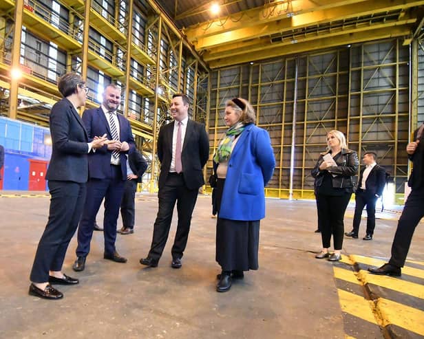 From left, Lisa Molloy, from Strabag, with government HS2 minister Andrew Stephenson MP, Tees Valley Mayor Ben Houchen and Hartlepool MP Jill Mortimer at the new factory's planned site. Picture by FRANK REID