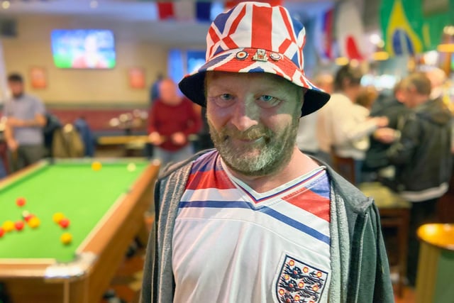England supporter Chris Carbro, 50, in his England hat as he waits for the game to get underway at the Park Inn.
