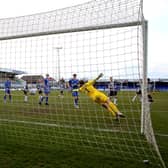 Richie Bennett of Hartlepool United  puts his side 2-0 up during the Vanarama National League match between Hartlepool United and Notts County at Victoria Park, Hartlepool on Saturday 10th April 2021. (Credit: Chris Booth | MI News)