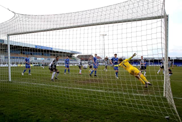 Richie Bennett of Hartlepool United  puts his side 2-0 up during the Vanarama National League match between Hartlepool United and Notts County at Victoria Park, Hartlepool on Saturday 10th April 2021. (Credit: Chris Booth | MI News)