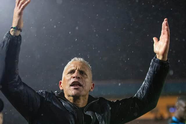 Hartlepool United manager Keith Curle celebrates victory over Rochdale at the Crown Oil Arena. (Credit: Mike Morese | MI News)