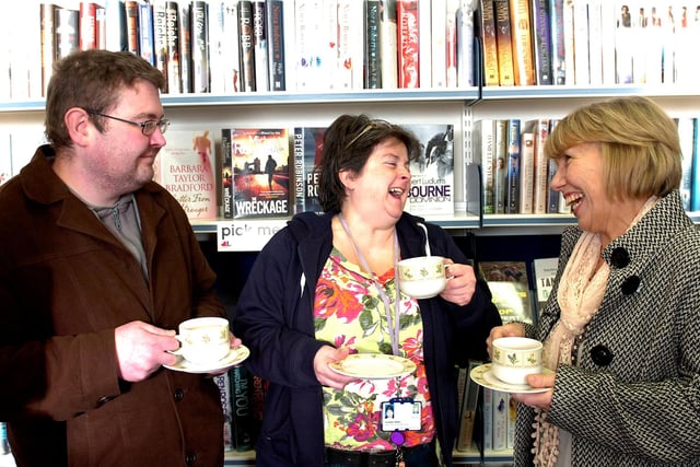 Sharing a laugh at the regular Friday Coffee Morning at the Headland Library were (from left) Ian Tuck, Library Officer Josephine Bonner and Beaty Coulson in 2012.