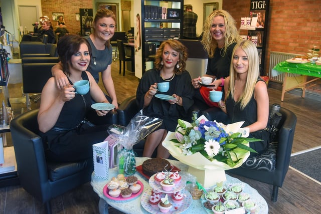 Anna Campbell (2nd right) and staff from her salon in York Road, Hartlepool, held this coffee morning in aid of Macmillan in 2015. Pictured with Anna are l-r Danielle Pennick, Nicola Moreland, Kayliegh Brackstone, and Abbie Smith.
