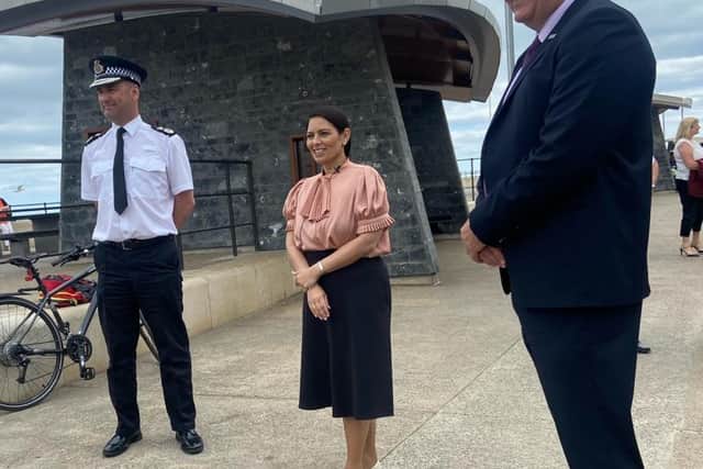 Under-fire Cleveland Police and Crime Commissioner Steve Turner, right, with outgoing Cleveland Police Chief Constable Richard Lewis and Home Secretary Priti Patel.