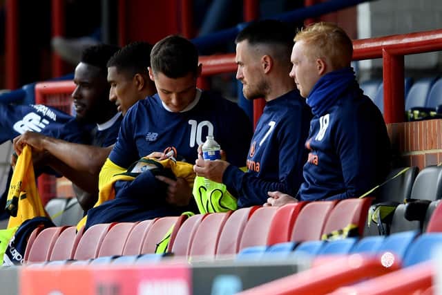 Hartlepool United's substitutes bench at Aldershot Town (photo: Frank Reid).