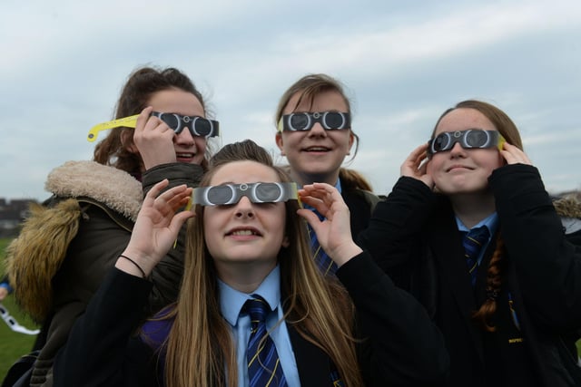 Students at High Tunstalll College of Science put their special glasses on for the partial eclipse of the sun in 2015. Pictured are Chloe Dring, Ameilai Mitchlell, Hope Wray and Megan Cameron.