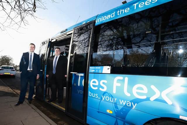Tees Valley Mayor Ben Houchen (left) and Tees Valley Combined Authority Cabinet Lead for Transport Cllr Jonathan Dulston with a Tees Flex bus.