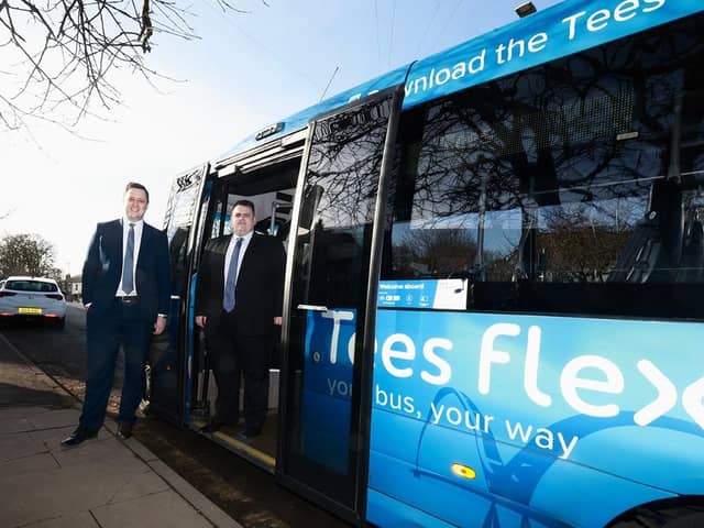 Tees Valley Mayor Ben Houchen (left) and Tees Valley Combined Authority Cabinet Lead for Transport Cllr Jonathan Dulston with a Tees Flex bus.