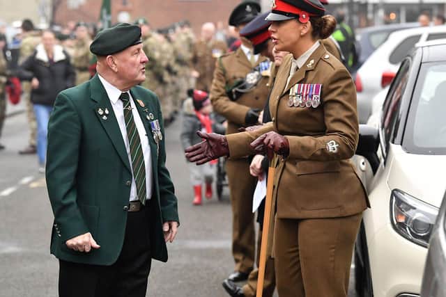 Vetreran Paul Allan with WO2 Terri Wood the parade commander before the Remembrance Day parade Victory Square, Hartlepool. Picture by FRANK REID