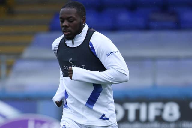 Olufela Olomola of Hartlepool United warms up during the FA Cup match between Hartlepool United and Wycombe Wanderers at Victoria Park, Hartlepool on Saturday 6th November 2021. (Credit: Will Matthews | MI News)