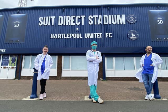 Ready to go: Jodie Watson, Adam Davison, and Paul McSweenie outside Hartlepool United's Suit Direct Stadium. Picture by FRANK REID