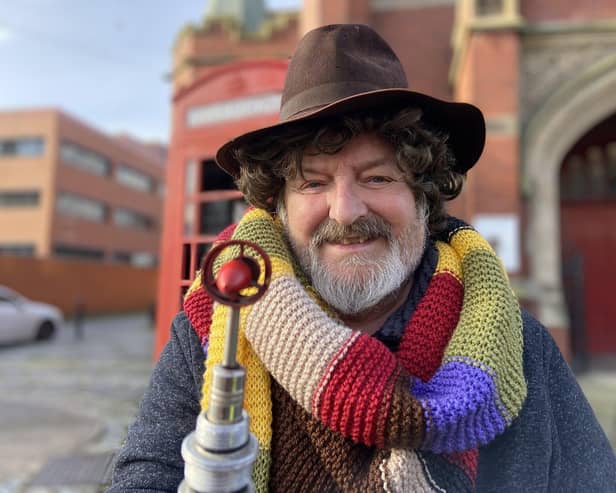 Doctor Who enthusiast Paul Bianco outside the Town Hall Theatre, in Raby Road, Hartlepool, ahead of the BBC drama's 60th birthday.