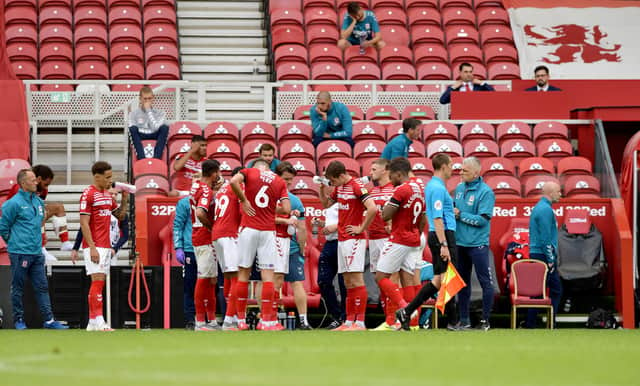 Middlesbrough players take a water break during Saturday's meeting with Bristol City.
