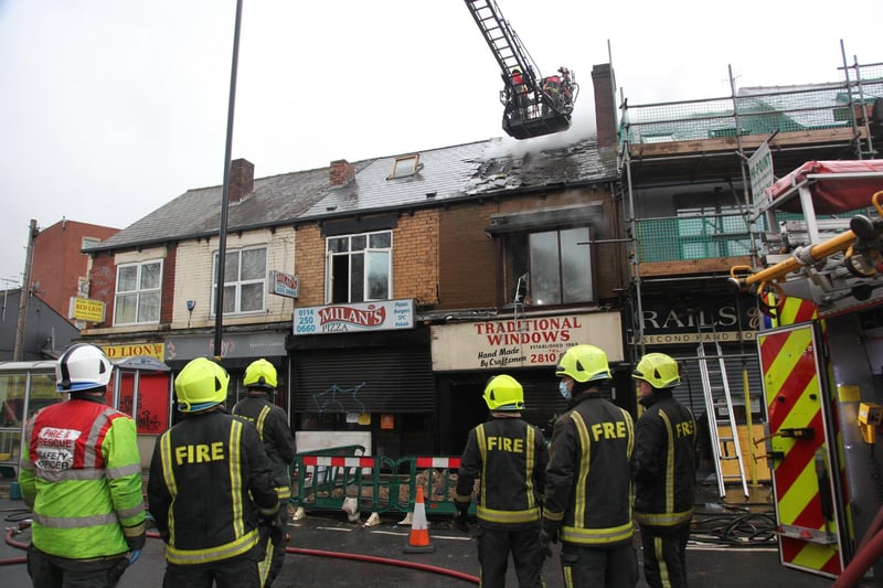 Emergency services were alerted to the blaze at 10.30am and it was initially thought that the fire had started in Milan's pizza takeaway but then it was established that it started in the window shop next door.