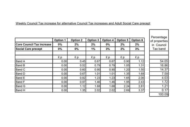 A table showing how different options for council tax would play out