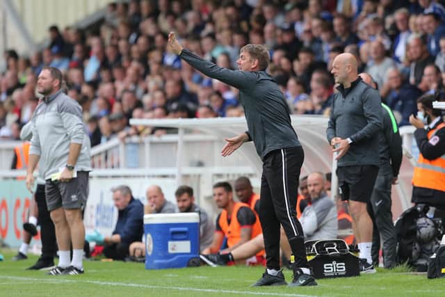 Hartlepool United manager Dave Challinor   during the Sky Bet League 2 match between Hartlepool United and Crawley Town at Victoria Park, Hartlepool on Saturday 7th August 2021. (Credit: Mark Fletcher | MI News)