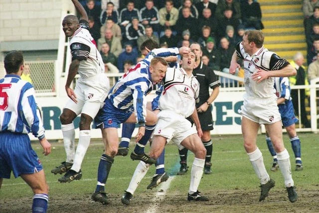 Rob Mc Kinnon in action for Hartlepool United against Darlington at Victoria Park in the late 1990s.
