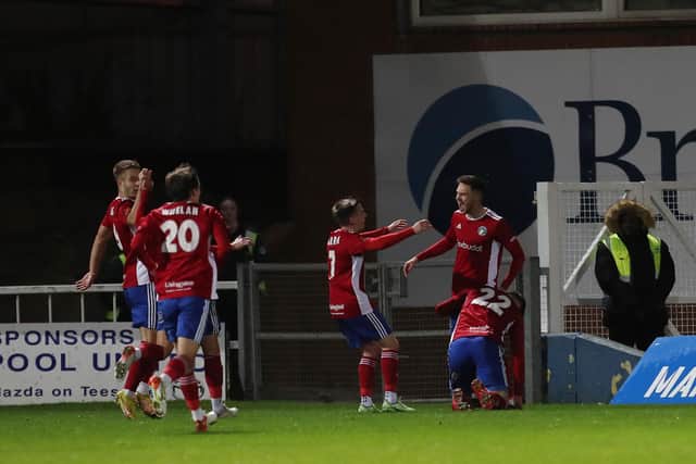 Solihull Moors' Ryan Barnett celebrates the opening goal of the game against Hartlepool United. (Credit: Mark Fletcher | MI News)