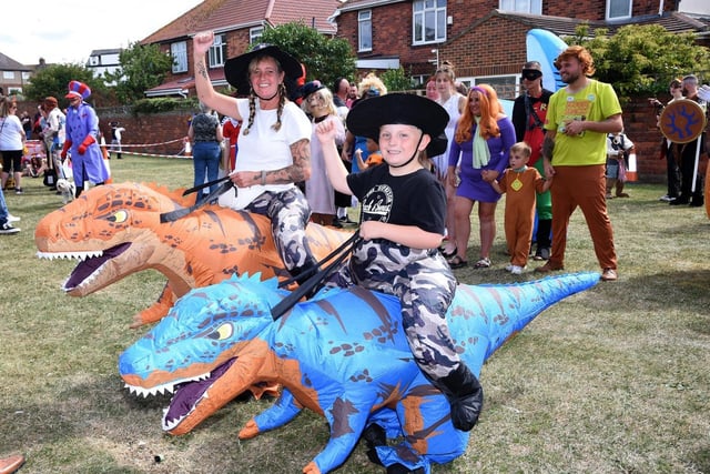 Emma Hay and her grandson Franklyn, 8, giving Jurassic Park vibes for the Headland parade.