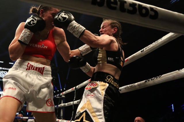 Savannah Marshall lands a devastating knockout blow in the third round against Femke Hermans to defend her WBO middleweight title. Picture by Martin Swinney