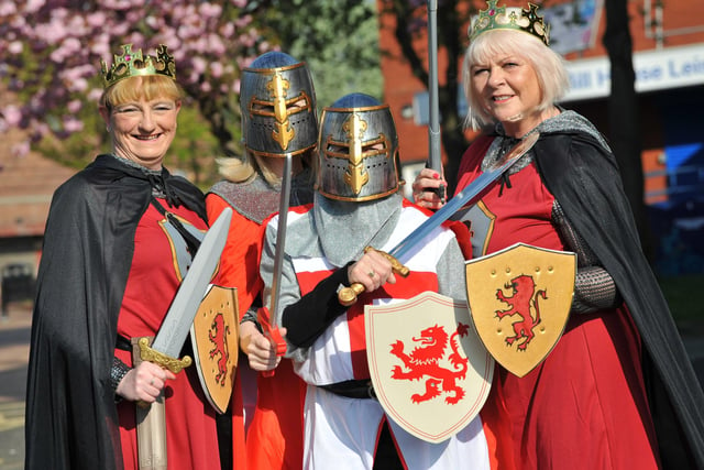 Pools fans Angie Marchant, Christine Edwards, Karen Grimwood and Anne Bates dressed as Knights for the final away game of the season against Barrow in 2019..