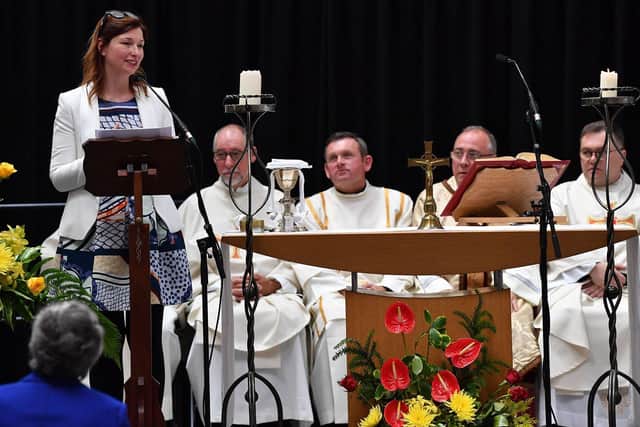 Headteacher Sara Crawshaw addresses the congregation at mass celebrating The English Martyrs Catholic School & Sixth Form College 50th anniversary.