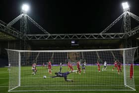 Brad Potts of Preston North End scores their sides first goal past Marcus Bettinelli of Middlesborough.