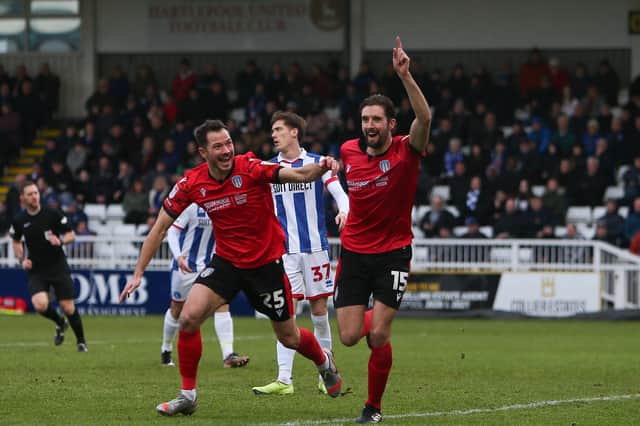 Colchester United's Fiacre Kelleher celebrates Colchester United's opening goal during the Sky Bet League 2 match between Hartlepool United and Colchester United. (Credit: Michael Driver | MI News)