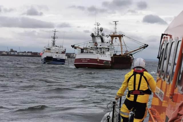 Hartlepool RNLI alb assisting the trawler towing the casualty vessel to Hartlepool Fish Quay. Photo by RNLI/Jordan Craddy.