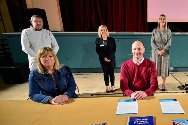 Standing, left to right, at the launch of the new Hartlepool Hub are Tim Fleming, Michaela Ryan and Gemma Peak. Sitting, left to right, are Denise McGuckin and Shane Moore. Picture and caption by FRANK REID.