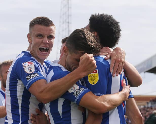 Hartlepool United's Will Goodwin celebrates after Tyler Burey scored  their first goal during the Sky Bet League 2 match between Hartlepool United and Walsall at Victoria Park (Credit: Mark Fletcher | MI News)