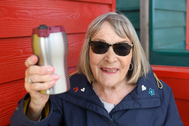 Pauline Easton enjoys a cup of tea in 2023.