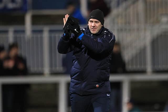 Hartlepool United manager Dave Challinor appplauds the fans at the end of the Vanarama National League match between Hartlepool United and Eastleigh at Victoria Park, Hartlepool on Tuesday 7th January 2020. (Credit: Mark Fletcher | MI News)