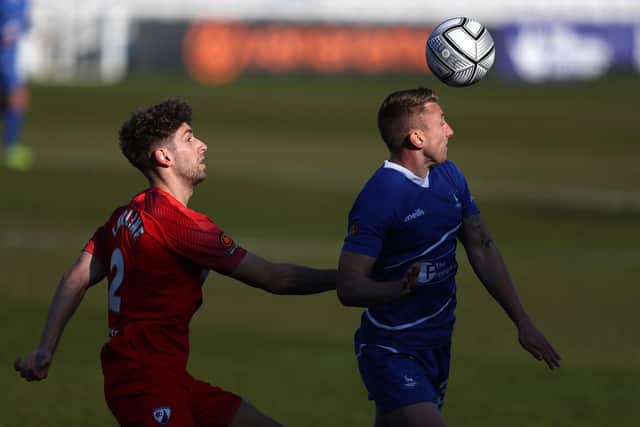 David Ferguson of Hartlepool United and George Carline of Chesterfield during the Vanarama National League match between Hartlepool United and Chesterfield at Victoria Park, Hartlepool on Saturday 1st May 2021. (Credit: Chris Booth | MI News)
