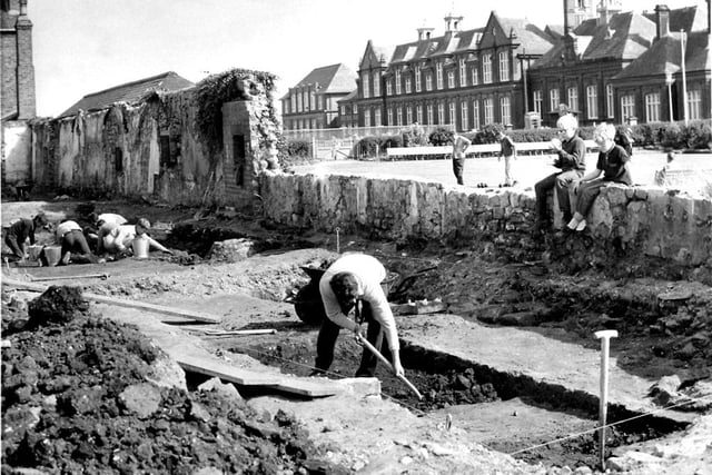 An archaeological dig near Henry Smith School was held after a house clearance on the south side of Olive Street. It revealed 4 medieval kilns. The school can be seen in the background in this 1967 scene. Photo: Hartlepool Museum Service.