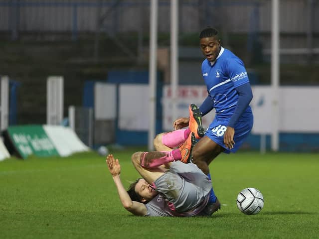 Tyler Magloire of Hartlepool United in action with Matt Lench of Wealdstone  during the Vanarama National League match between Hartlepool United and Wealdstone at Victoria Park, Hartlepool on Saturday 9th January 2021. (Credit: Mark Fletcher | MI News)