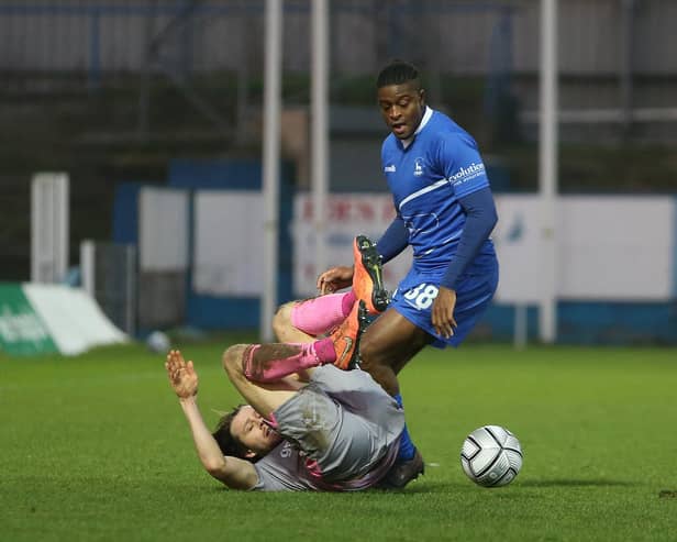 Tyler Magloire of Hartlepool United in action with Matt Lench of Wealdstone  during the Vanarama National League match between Hartlepool United and Wealdstone at Victoria Park, Hartlepool on Saturday 9th January 2021. (Credit: Mark Fletcher | MI News)