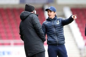 Bristol Rovers manager Joey Barton makes a point to 4th official Carl Boyeson during the Sky Bet League One match between Northampton Town and Bristol Rovers at PTS Academy Stadium on April 10, 2021 in Northampton, England. (Photo by Pete Norton/Getty Images)