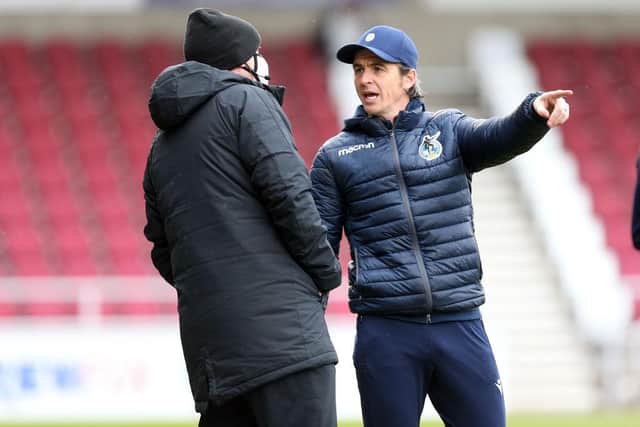 Bristol Rovers manager Joey Barton makes a point to 4th official Carl Boyeson during the Sky Bet League One match between Northampton Town and Bristol Rovers at PTS Academy Stadium on April 10, 2021 in Northampton, England. (Photo by Pete Norton/Getty Images)