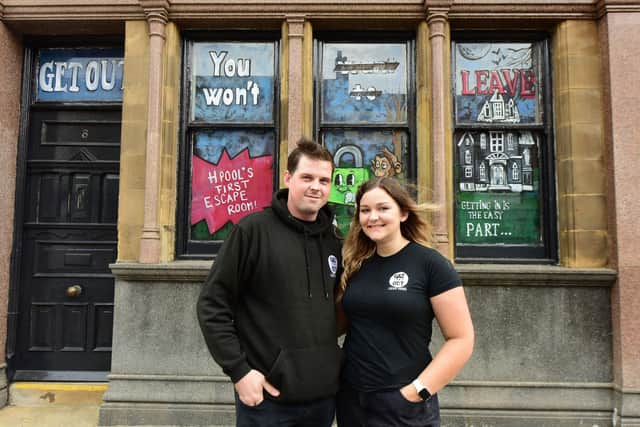 Alex Mathews and fiance Rachel Wates outside Get Out Escape Rooms, in Church Street, Hartlepool.