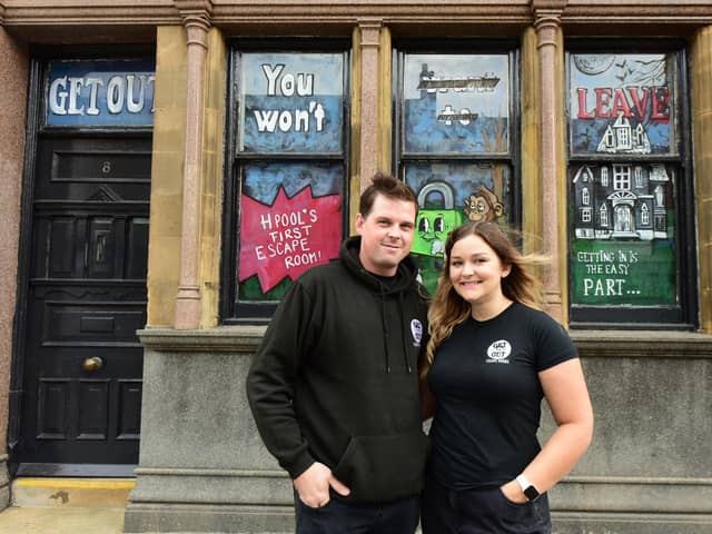 Alex Mathews and fiance Rachel Wates outside Get Out Escape Rooms, in Church Street, Hartlepool.