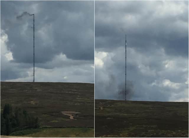 Handout photo of smoke billowing from a fire at the Bilsdale transmitting centre in North Yorkshire. Picture date: Tuesday August 10, 2021. PA Photo. Firefighters extinguished the fire but concerns remain around the structural integrity of a transmitter mast, the North Yorkshire Fire and Rescue Service (NYFRS) has said. See PA story FIRE Mast. Photo credit should read: Ron Needham/PA Wire