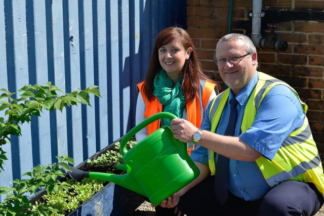 Staff at the Stagecoach bus depot introduce a range of green measures, including recycling, free fruit on a Friday and growing their own produce. Pictured are Janine Fowley and Robin Rumble tend to the vegetable patch in 2014.