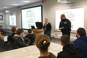 PC Geoff Coggin speaking at a knife crime event held at the Hartlepool College of Further Education.  Picture by FRANK REID