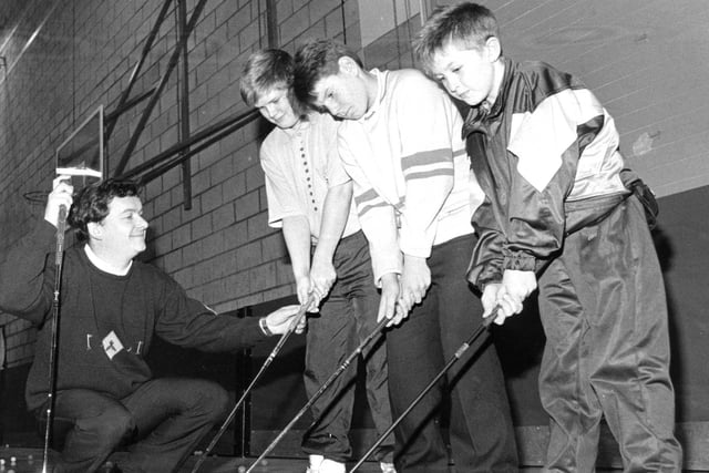 Castle Eden golf professional Tim Jenkins, instructing young champions (left to right) Simon Richmond, Matthew Emmerson and Gareth Rayner at Mill House Leisure Centre 32 years ago.
